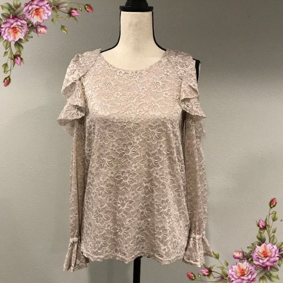 Carolina Belle Tops - Gorgeous blush cold shoulder lace long sleeve top